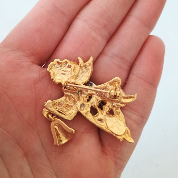 Vintage Christopher Radio Multi Colored Rhinestone Angel W/ Bell Brooch Pin Gold - Picture 2 of 5